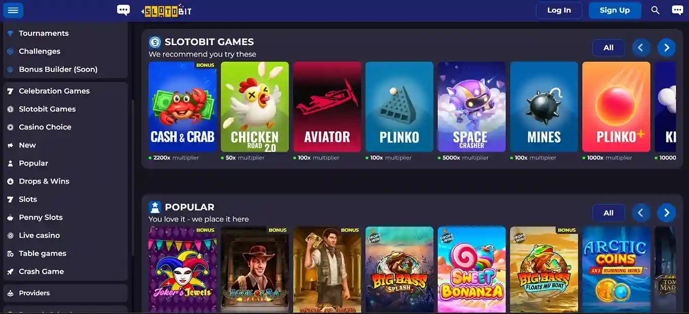 kran lobby kasyna SlotoBit w ciemnym motywie z menu po lewej stronie, polecanymi grami Cash & Crab, Chicken Road 2.0, Aviator, Plinko oraz listą popularnych slotów.